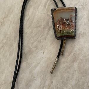 Vintage Jasper stone silver art Bolo tie desert theme with horse